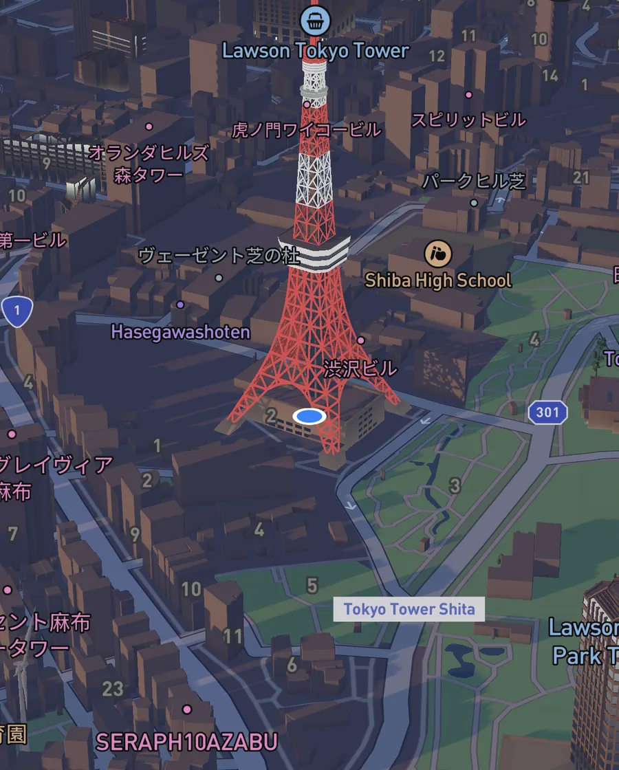 3D-Karte rund um den Tokyo Tower
