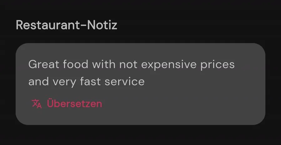 Englische Restaurant-Notiz mit dem Knopf Übersetzen