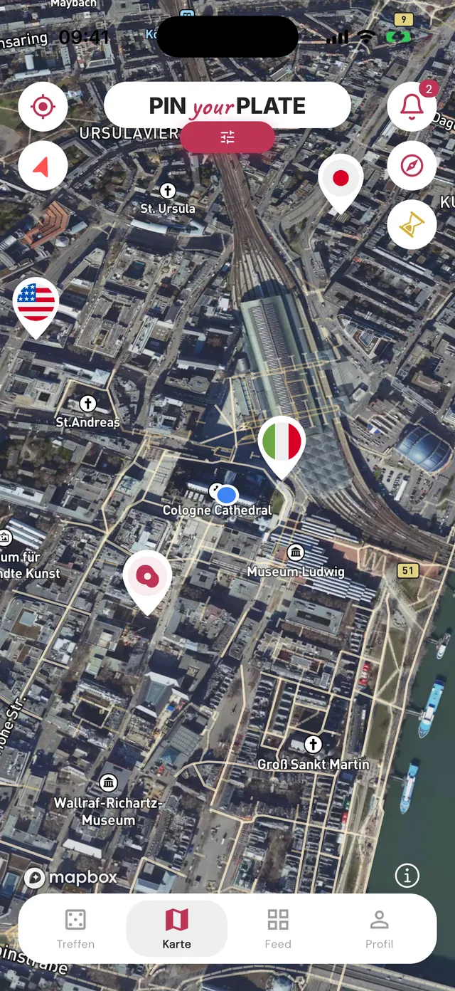 Satellitenkarte von Köln mit gepinnten Restaurants