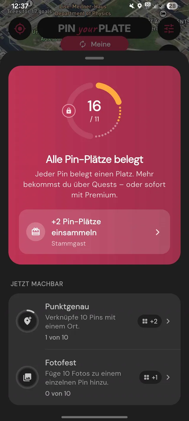 Pin-Plätze in der App: belegte Plätze und Quests, die neue Plätze freischalten