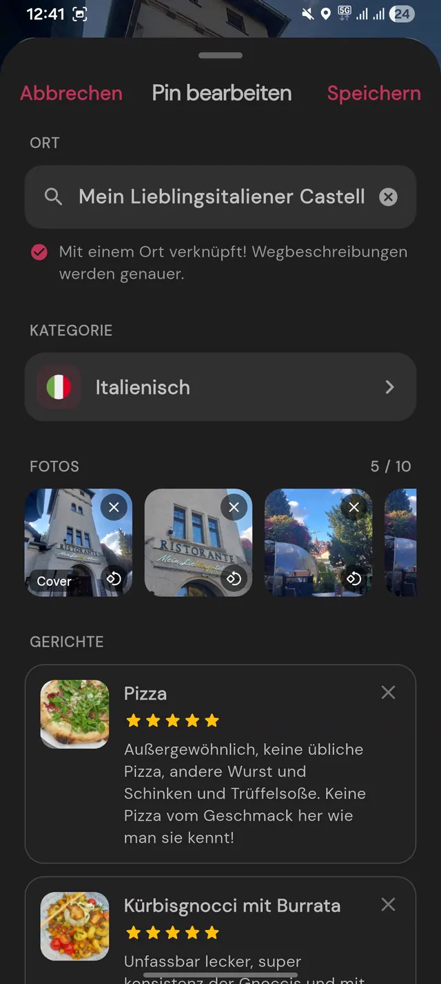 Pin bearbeiten mit Fotos und bewerteten Gerichten