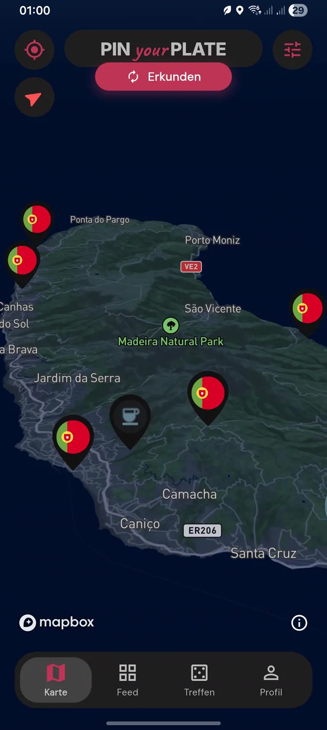Erkunden-Ansicht mit öffentlichen Pins auf Madeira
