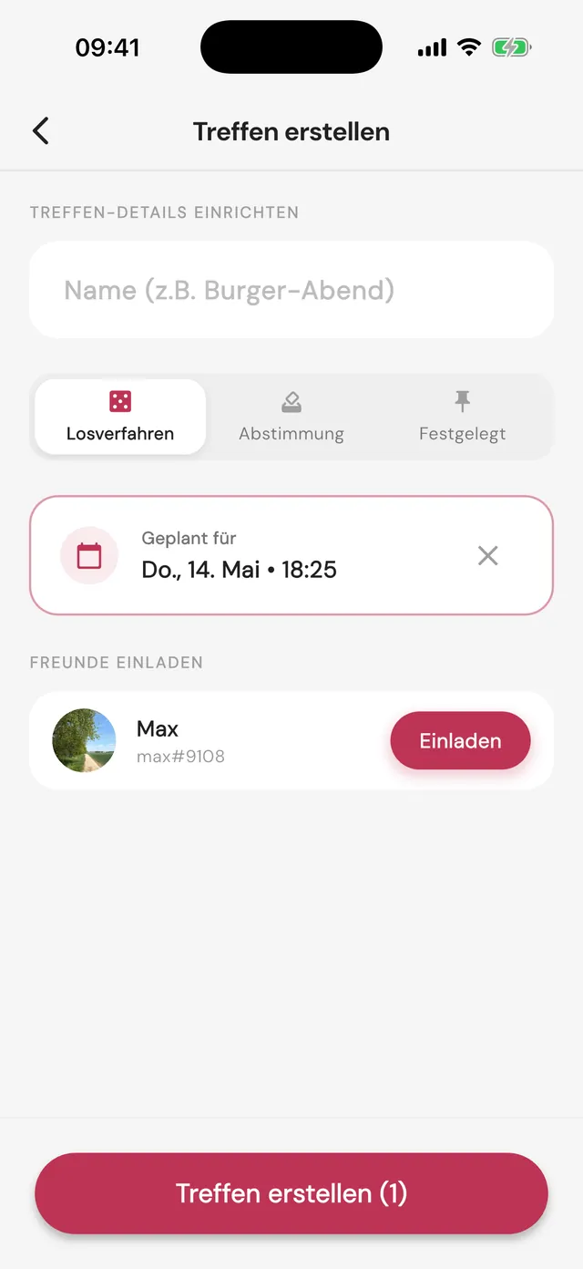 Treffen erstellen mit Losverfahren, Abstimmung oder festem Ort