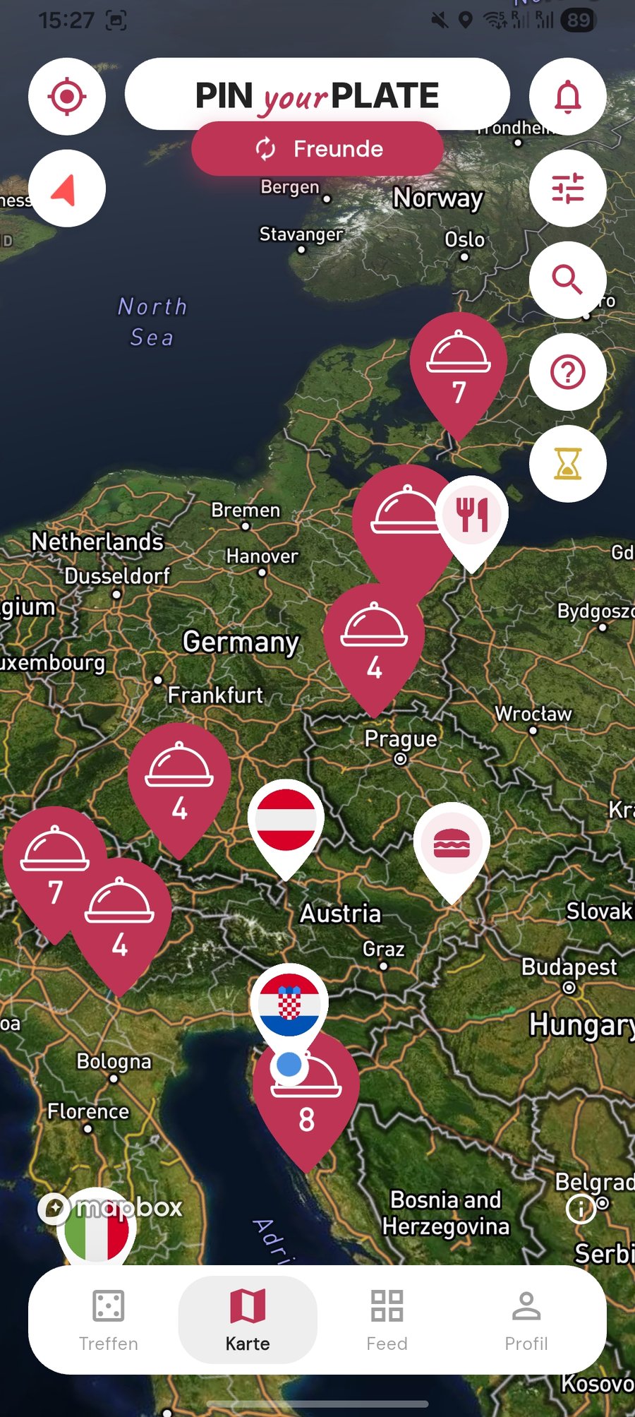 Pin Your Plate App — Kartenansicht mit gepinnten Restaurants in Europa